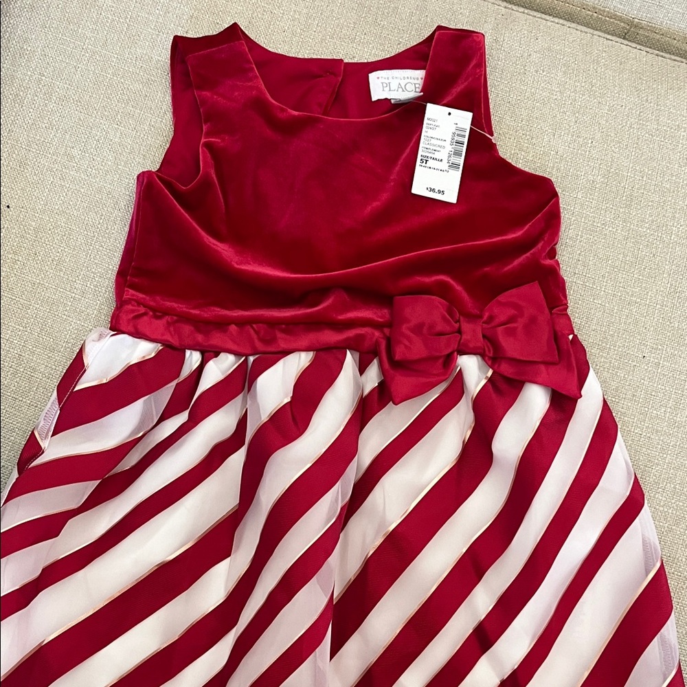 The Children's Place - Velvet/Satin  Red and White Striped Christmas Dress - 5T